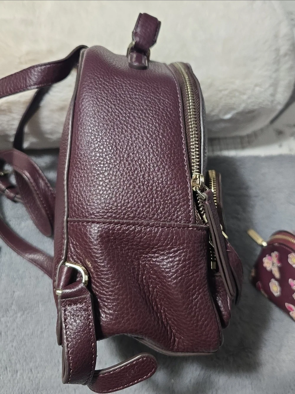 Kate Spade Burgundy Leather Backpack with Floral Wallet and Pouch